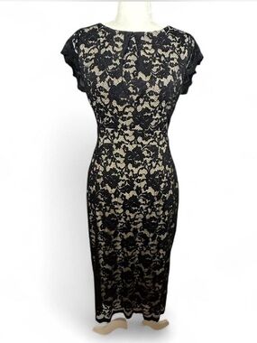💜 ABS by Allen Schwartz Black Floral Lace Overlay Cap Sleeve Midi Dress (L)